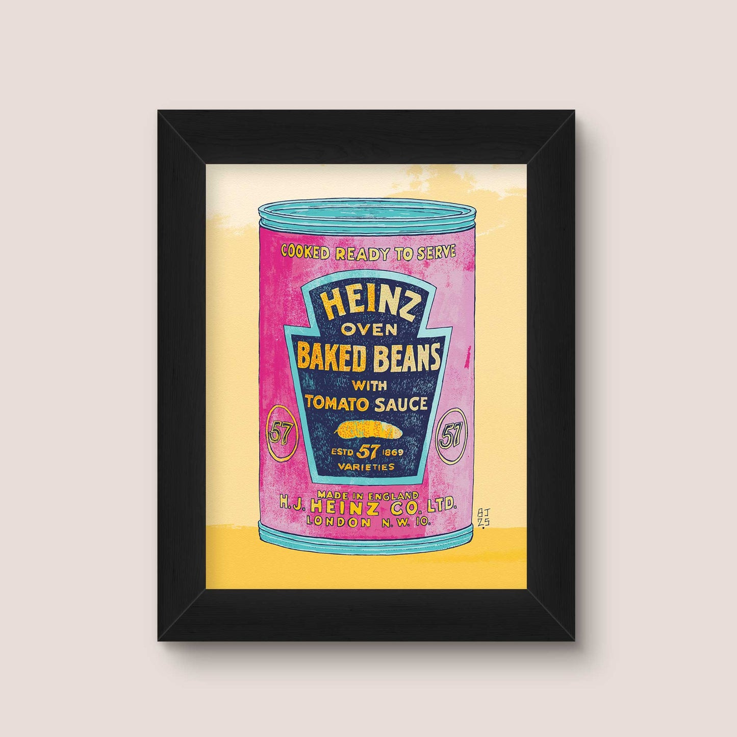 Framed artwork of a vintage baked beans tin