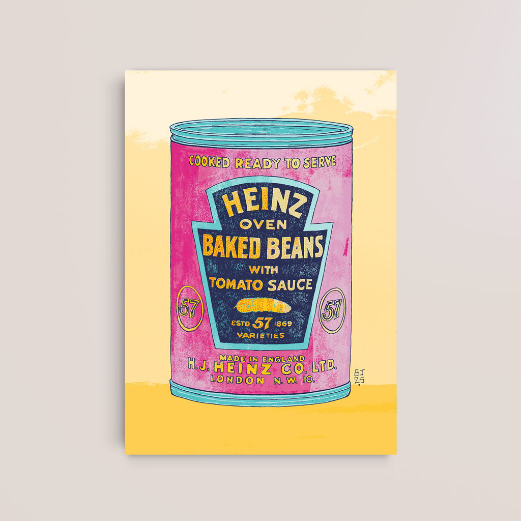 Vintage-style baked beans tin on a yellow background with a modern twist