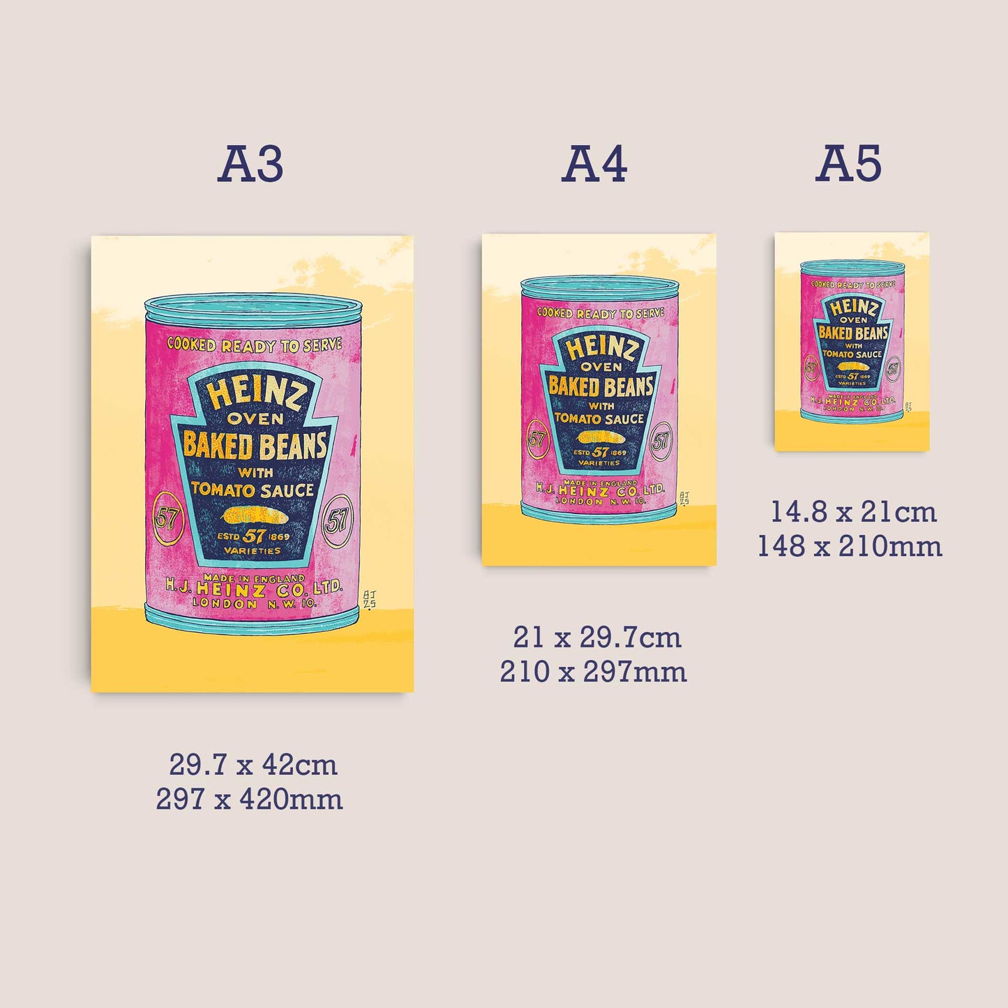 Three Art print sizes available A5, A4 and A3 with dimensions displayed.