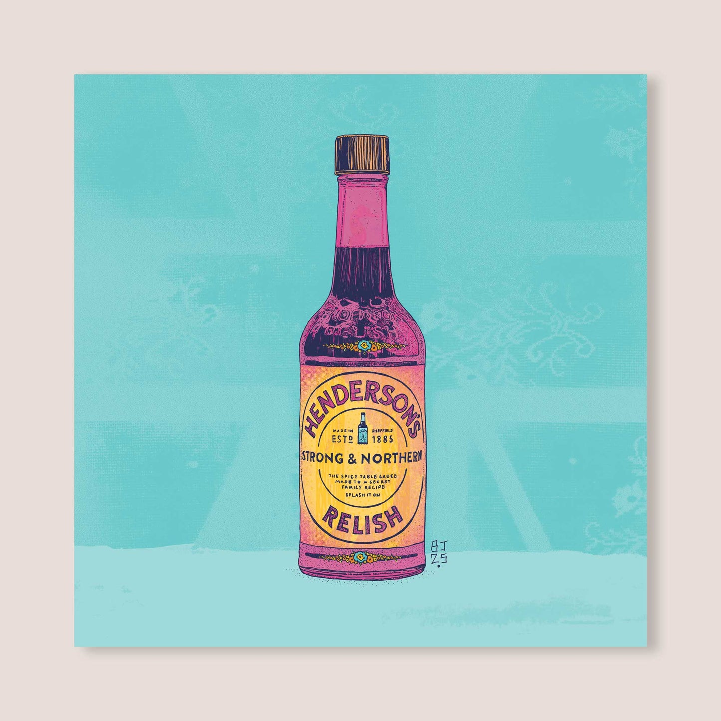 Illustration of a bottle of Henderson's Relish on a blue background