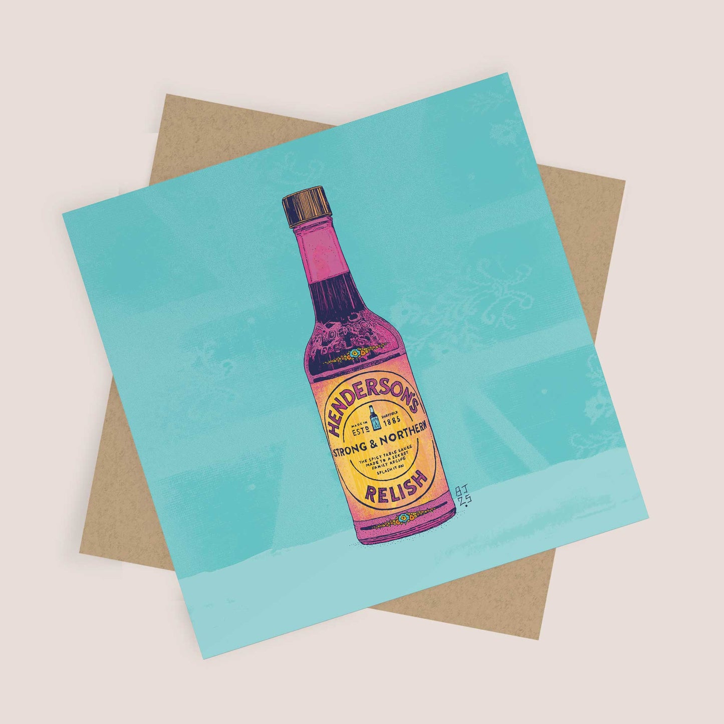 Greeting card with a colourful illustration of a henderson relish bottle on a light blue background