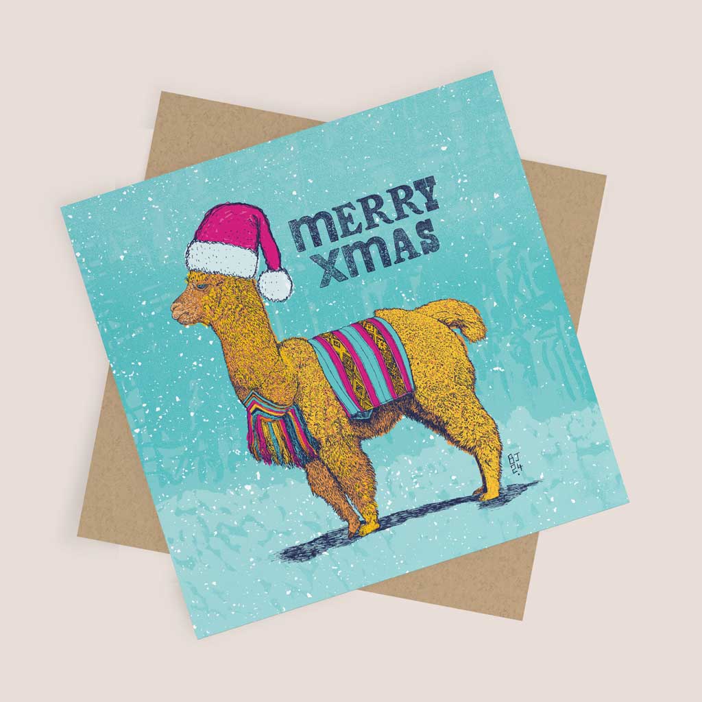 Festive Alpaca Christmas Card – Merry Xmas Design - Bejojoart