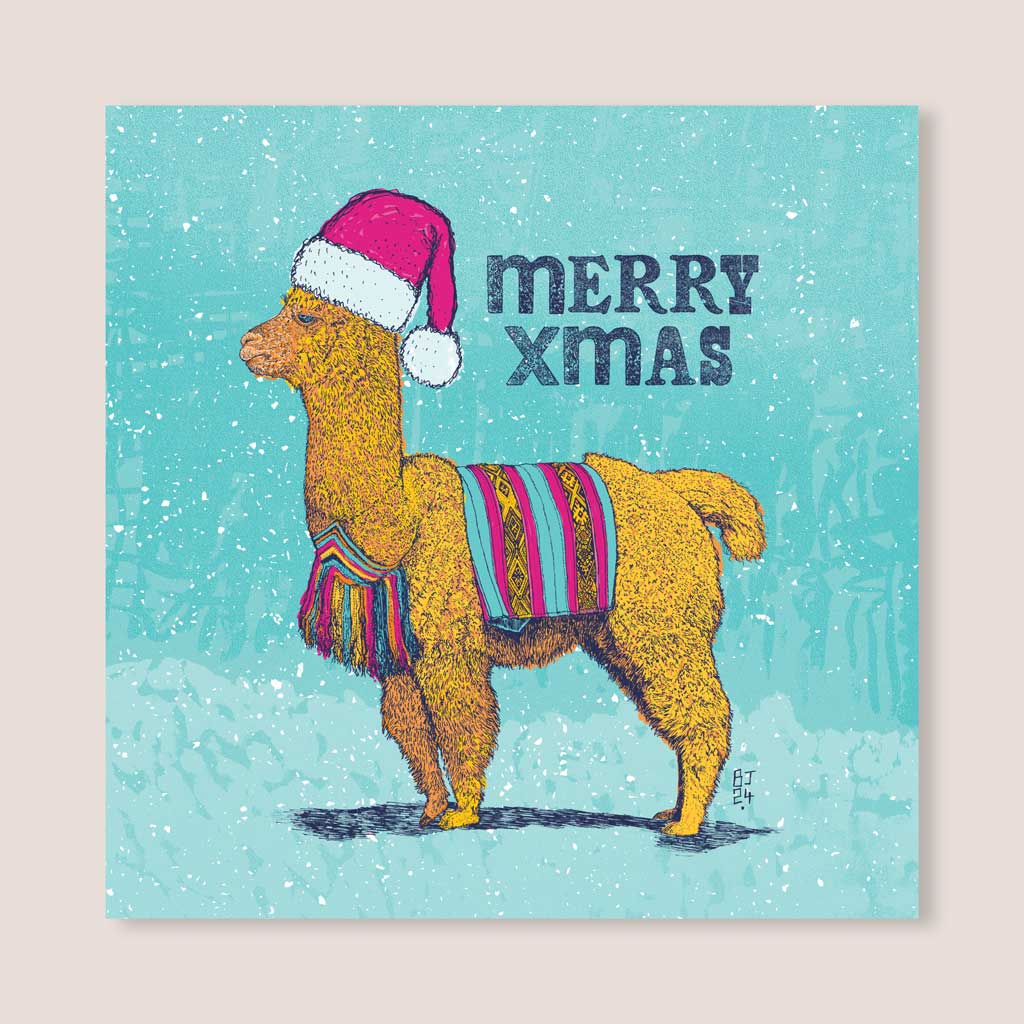 Festive Alpaca Christmas Card – Merry Xmas Design - Bejojoart