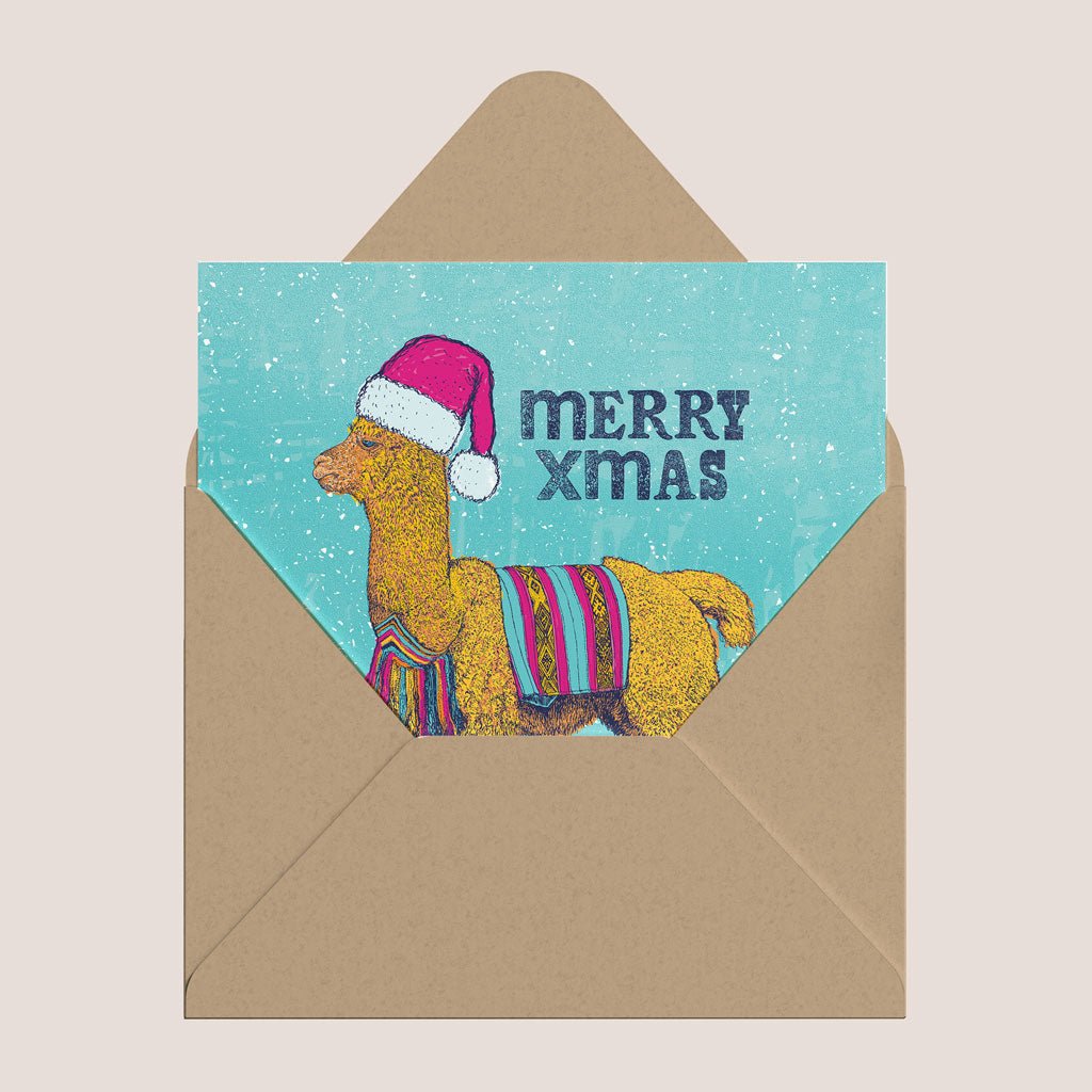 Festive Alpaca Christmas Card – Merry Xmas Design - Bejojoart