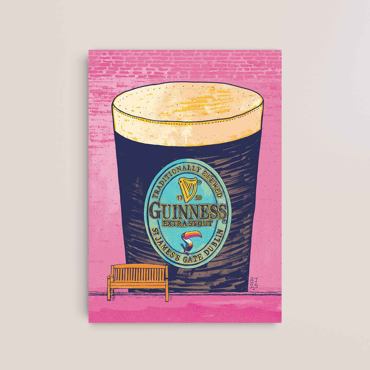 Guinness Pint Art Print – Brick Wall Illustration - Bejojoart