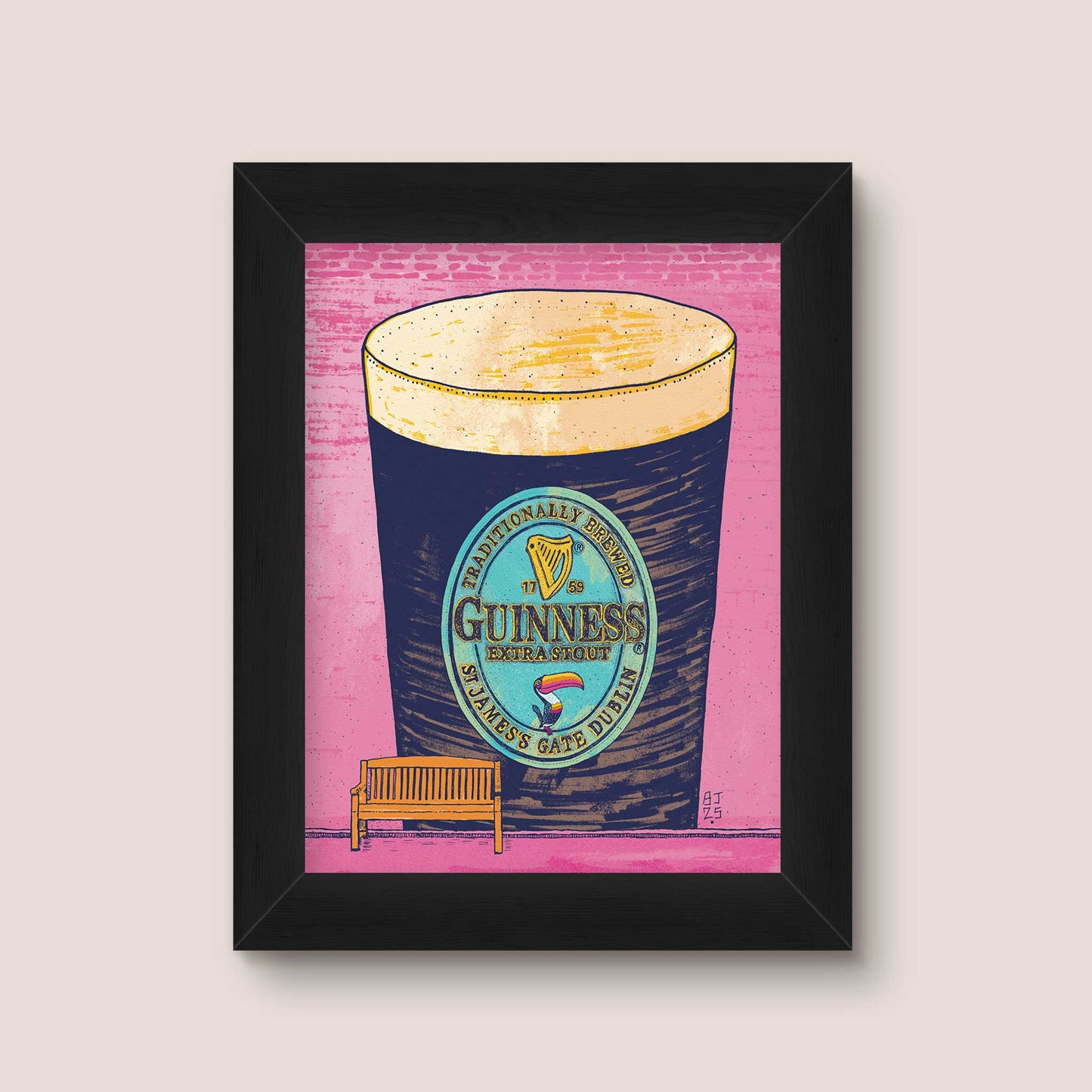 Guinness Pint Art Print – Brick Wall Illustration - Bejojoart