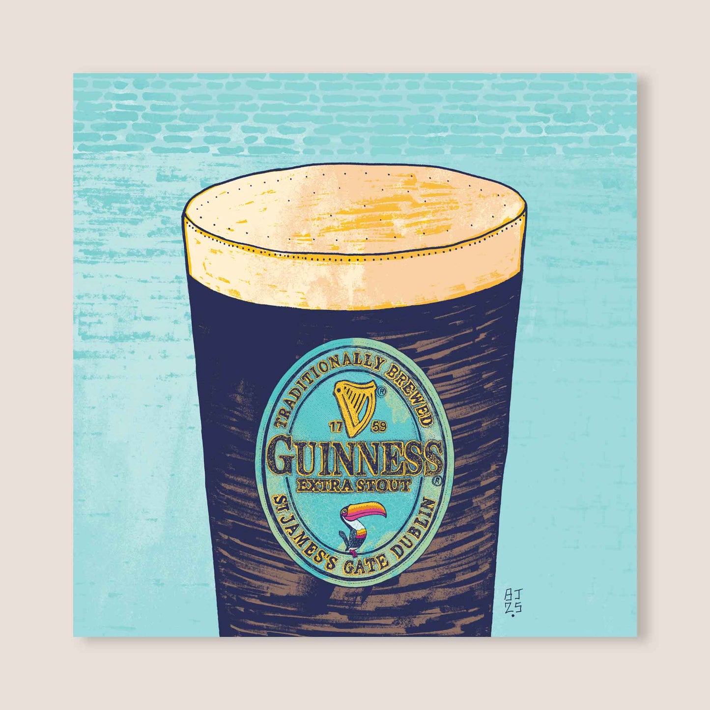 Guinness Pint Greeting Card – Bold Blue Mural Art Style - Bejojoart