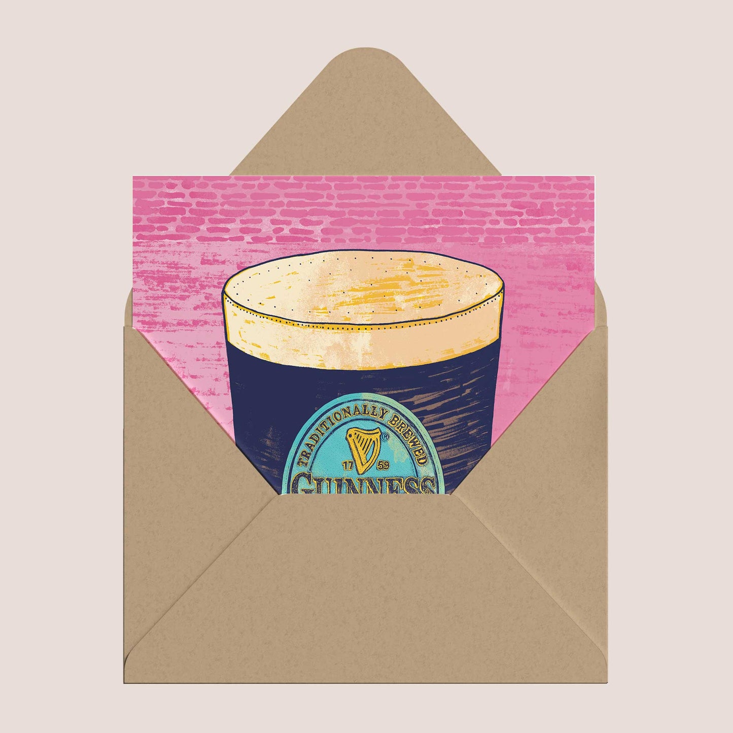 Guinness Pint Greeting Card – Bold Pink Mural Art Style - Bejojoart