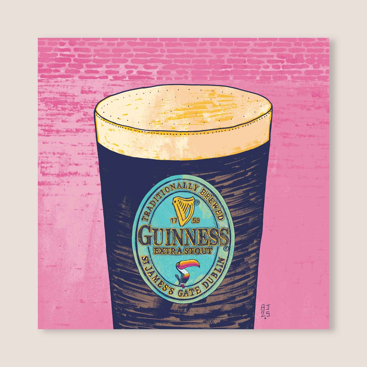 Guinness Pint Greeting Card – Bold Pink Mural Art Style - Bejojoart