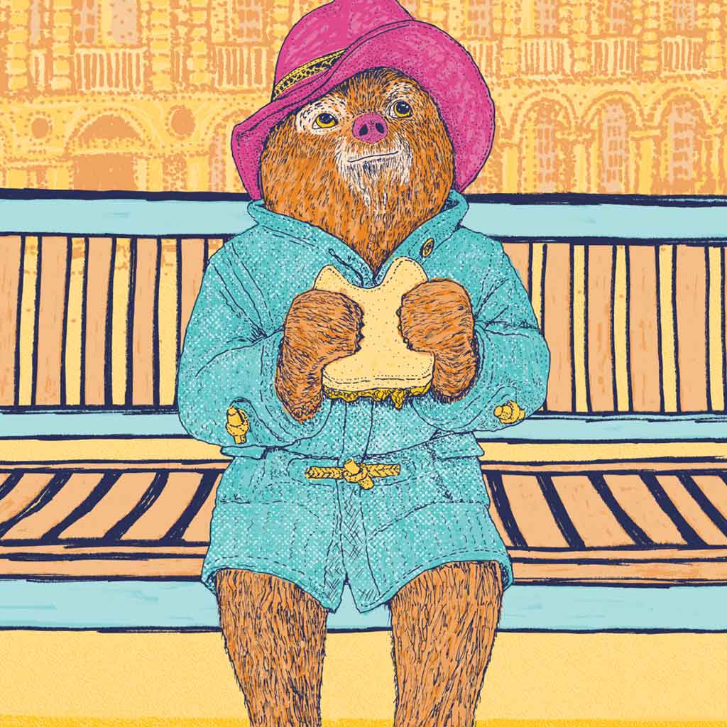 Paddington on a Bench – Illustrated Print - Bejojoart