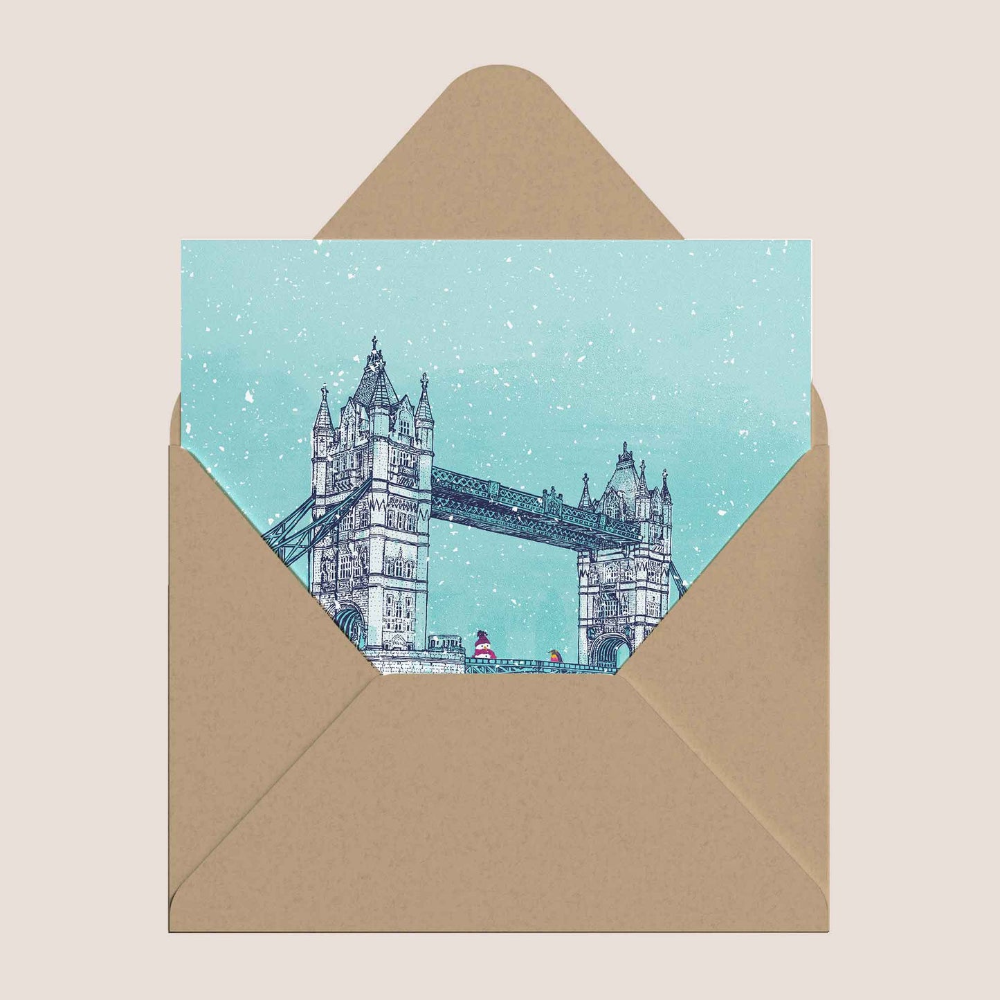 Tower Bridge winter card inside a kraft envelope.