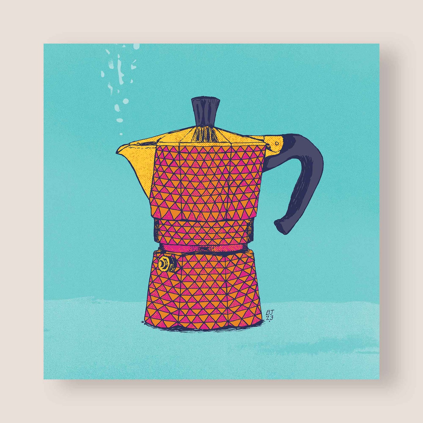 Vibrant Moka Pot Greeting Card - Unique Coffee Lover's Art - Bejojoart