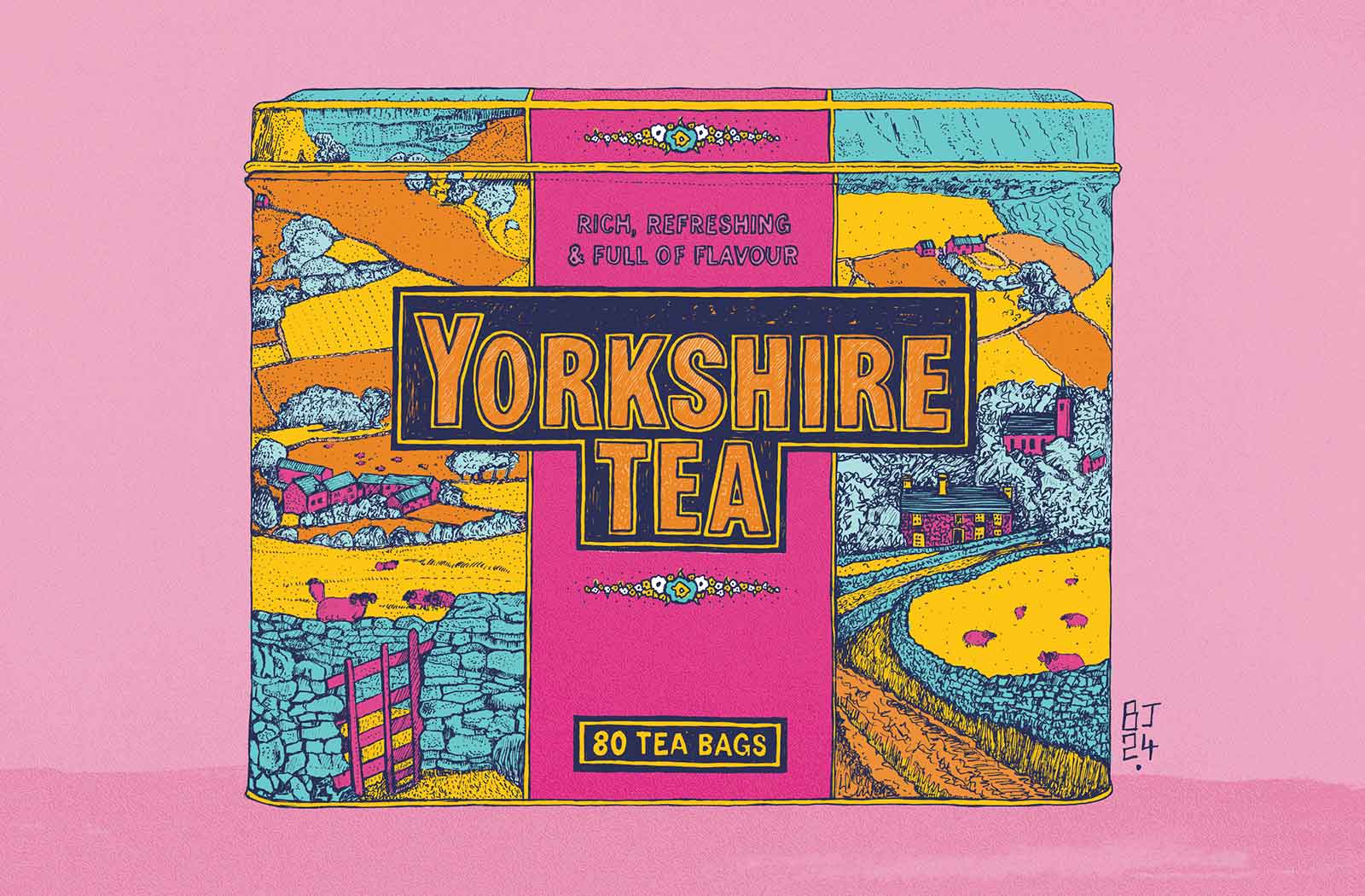 Vibrant illustration of a Yorkshire Tea tin with colourful Dales scenery and bold pink background – Bejojoart print.