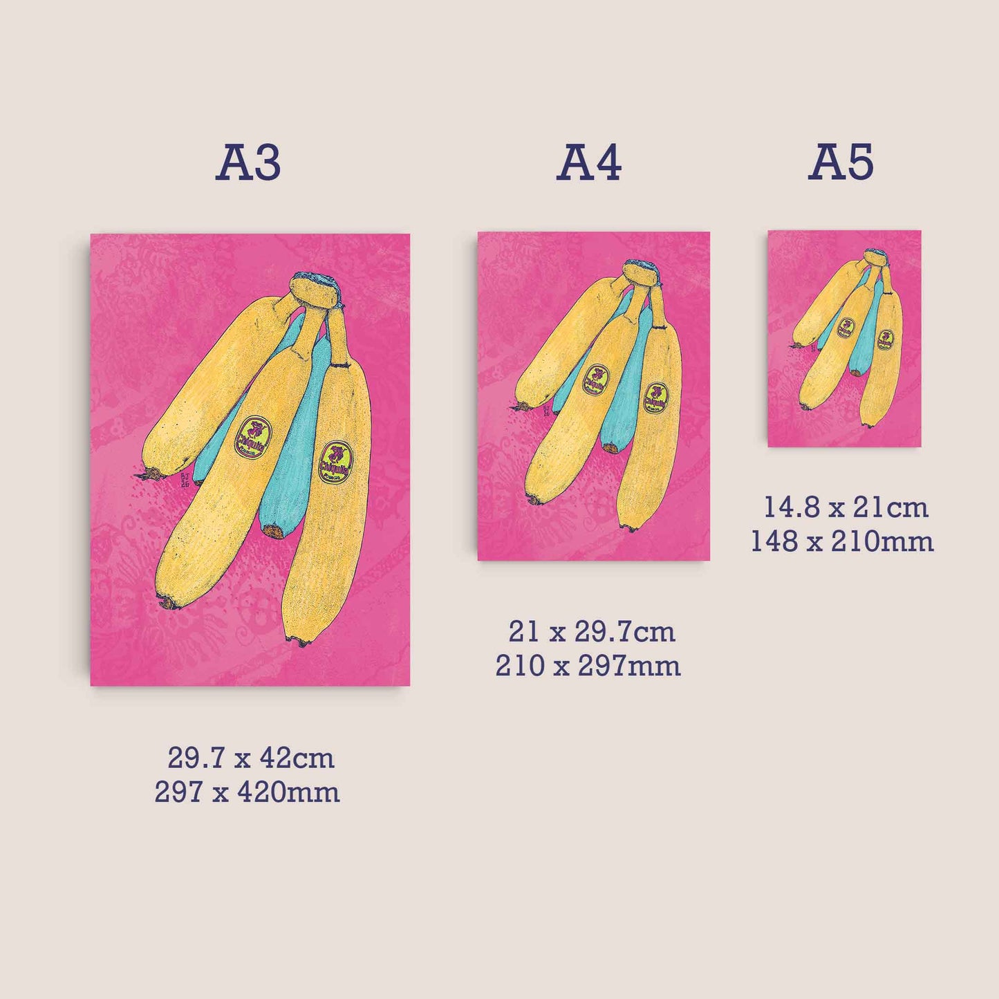 A size comparison chart showing three poster formats labeled A3, A4, and A5, each featuring a pink background with a painted bunch of yellow bananas.