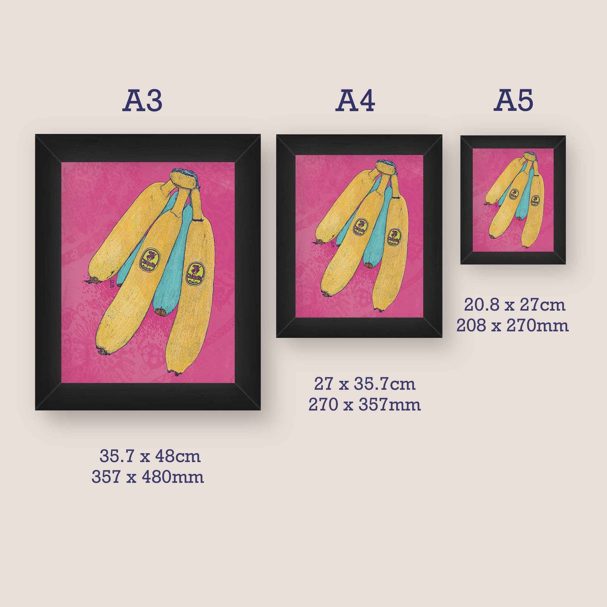 Colourful banana illustration on a vibrant pink background. Available frame sizes.