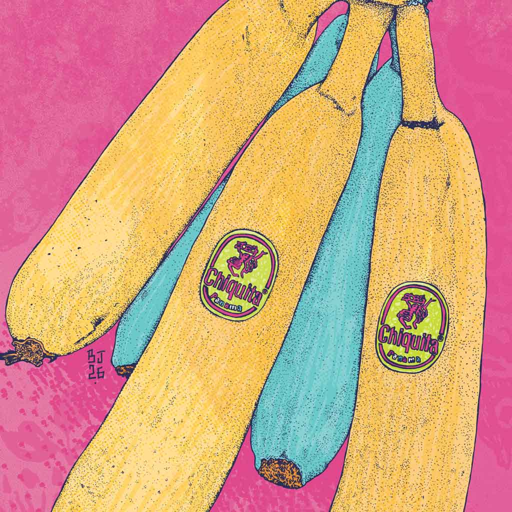 A stylized illustration of a bunch of bananas on a bright pink background. Two bananas are yellow 