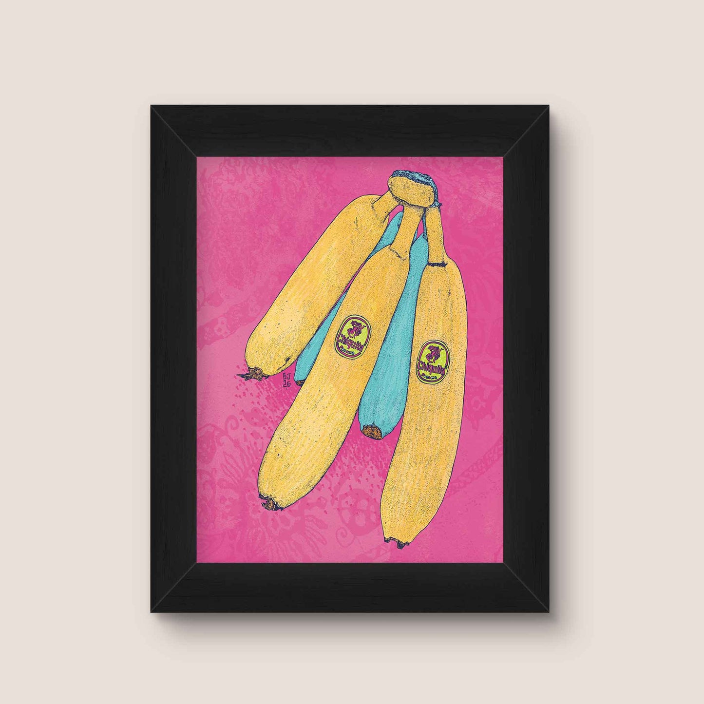 Colourful banana illustration on a vibrant pink background. Black Frame.
