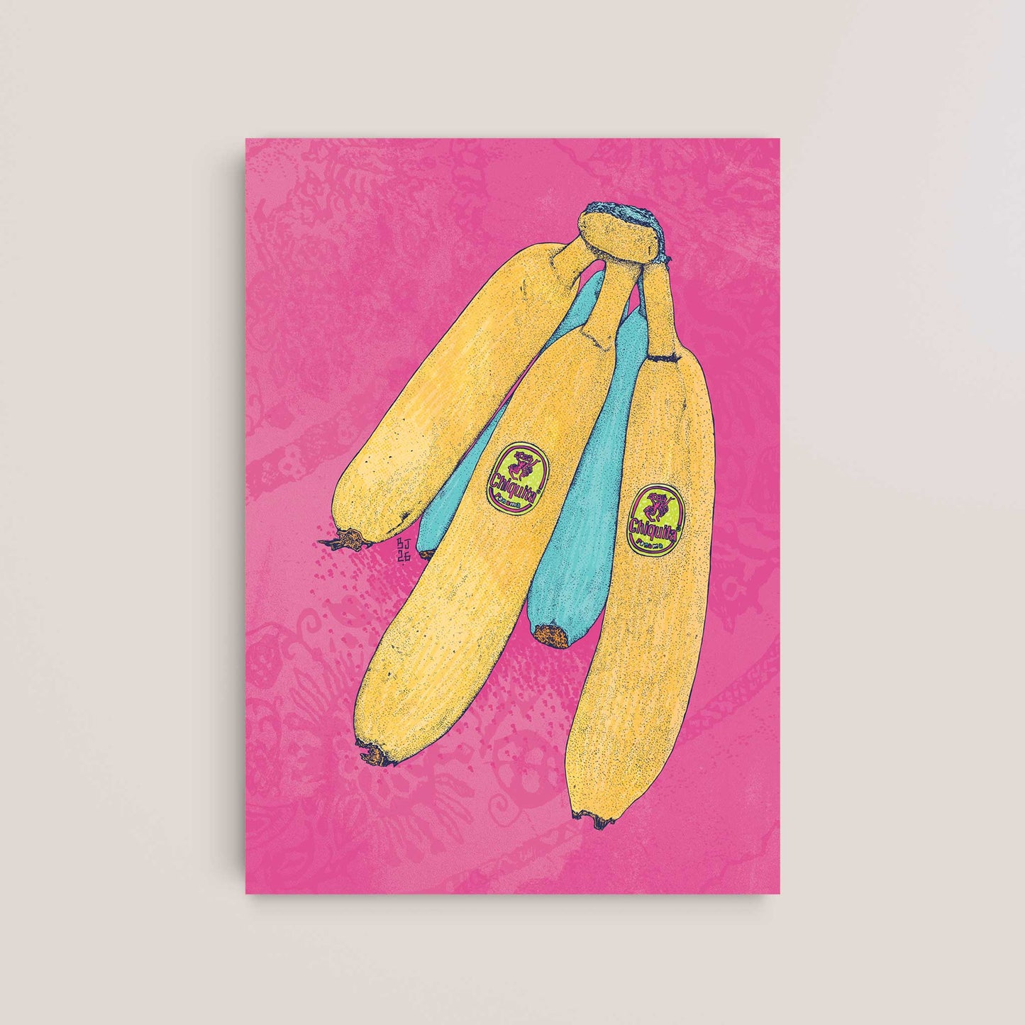 Colourful banana illustration on a vibrant pink background.