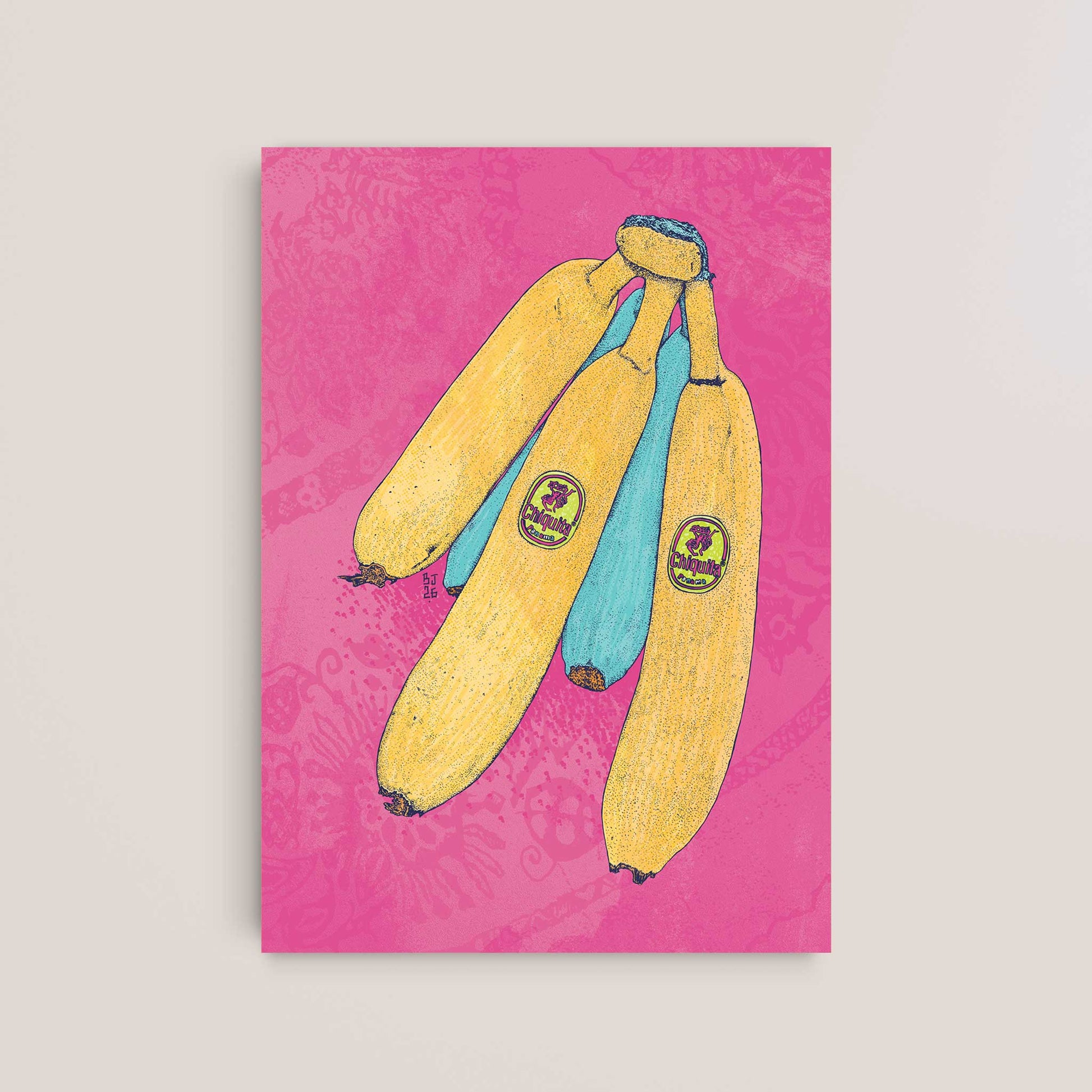 Colourful banana illustration on a vibrant pink background.