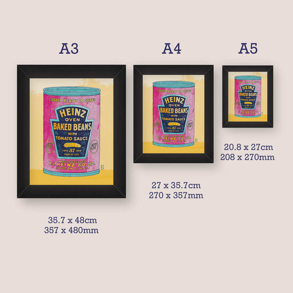 Framed artworks with dimensions displayed for A5, A4 and A3 prints sizes