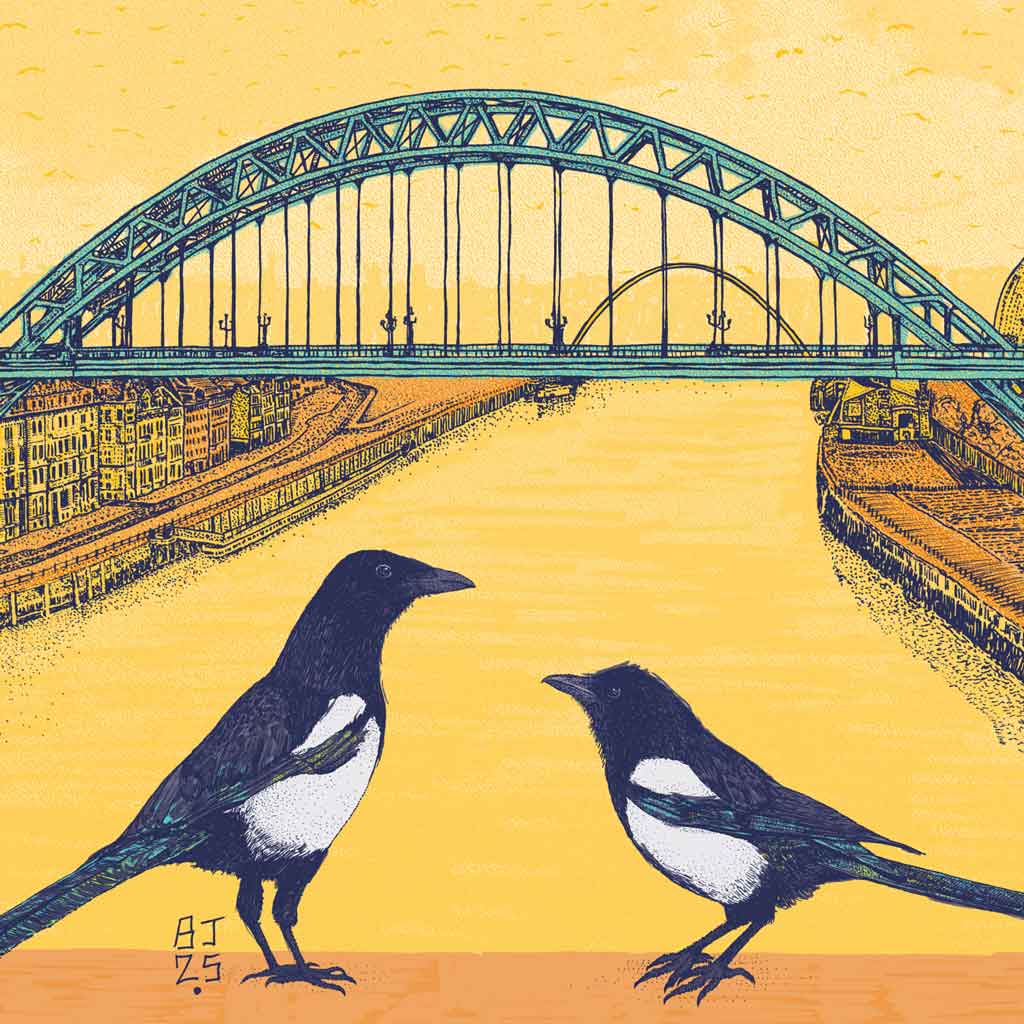 Tyne Bridge illustration with magpies - close up details