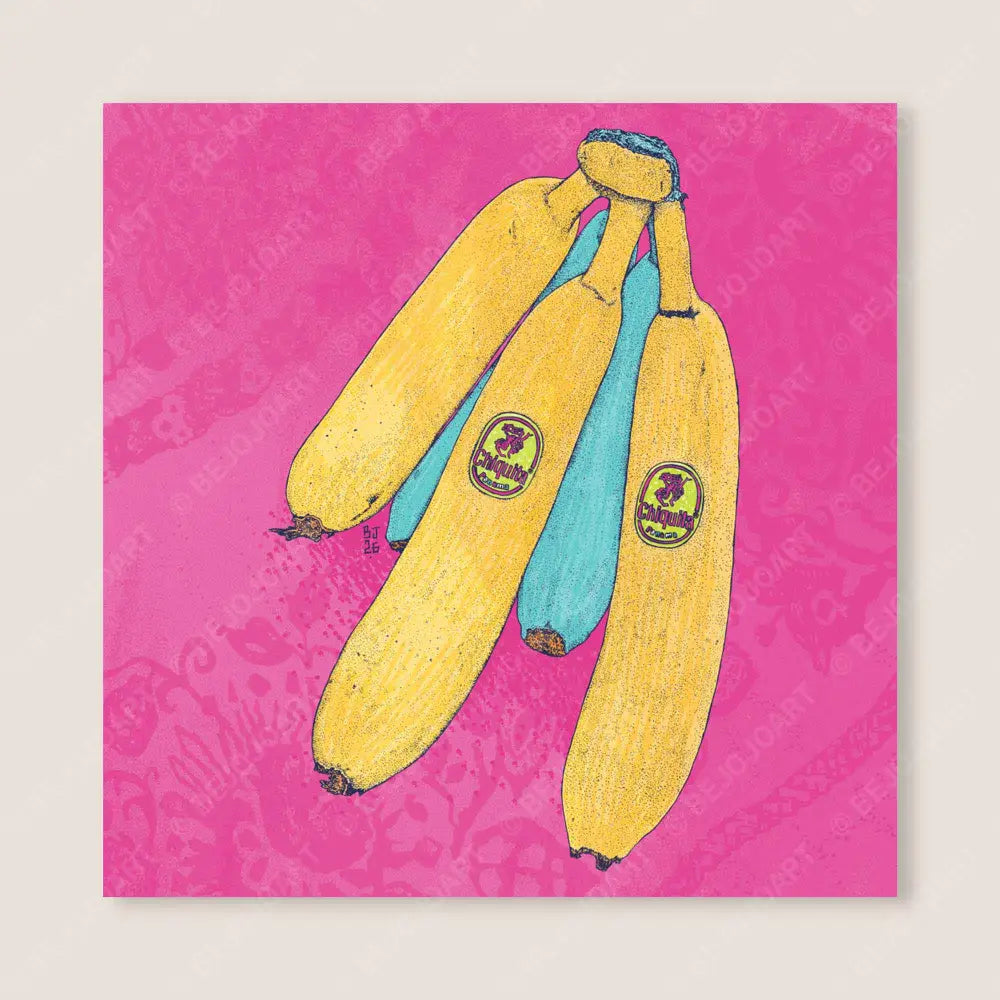 Colourful tropical banana greeting card with yellow and blue bananas on a bright pink background by Bejojoart.