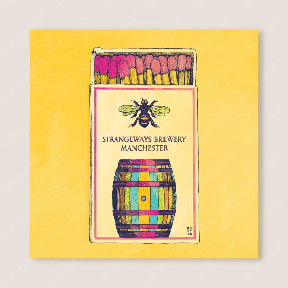 A square art print featuring a stylized illustration of a matchbox labeled 'STRANGeways BREWERY MANCHESTER' with a bee and a colorful barrel, set against a bright yellow background.