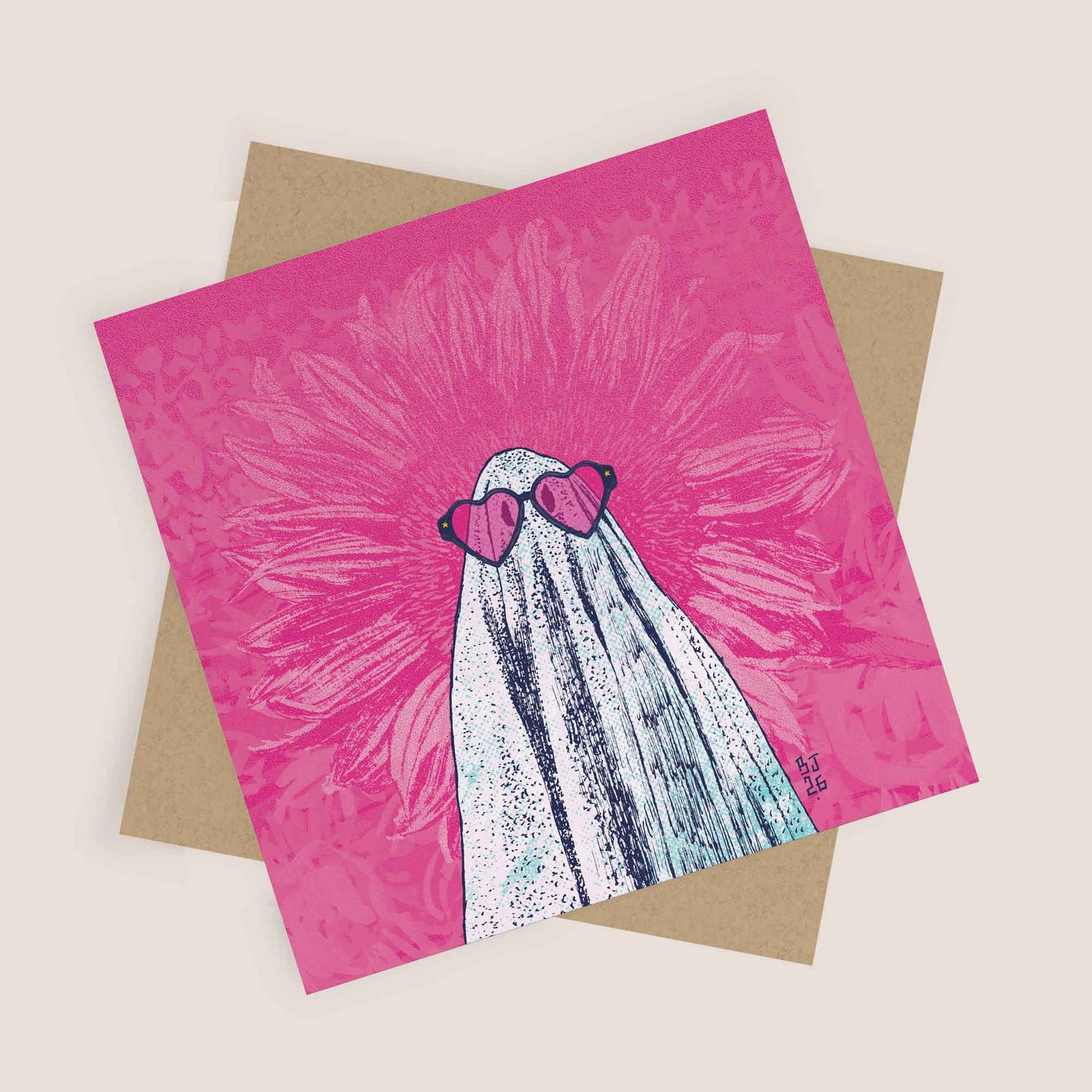 Illustrated ghost wearing heart-shaped sunglasses on a pink background