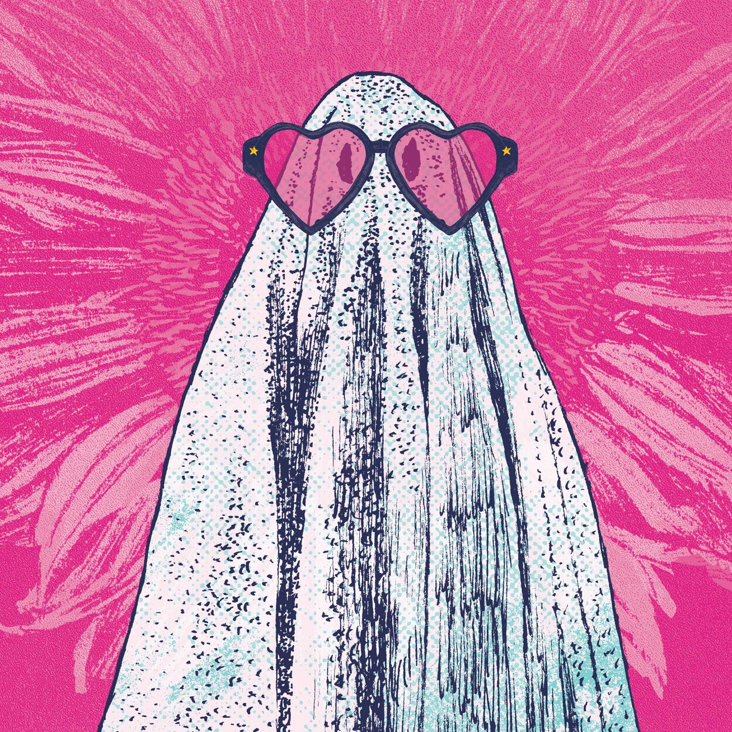 Ghost wearing heart sunglasses pink background art print - close details