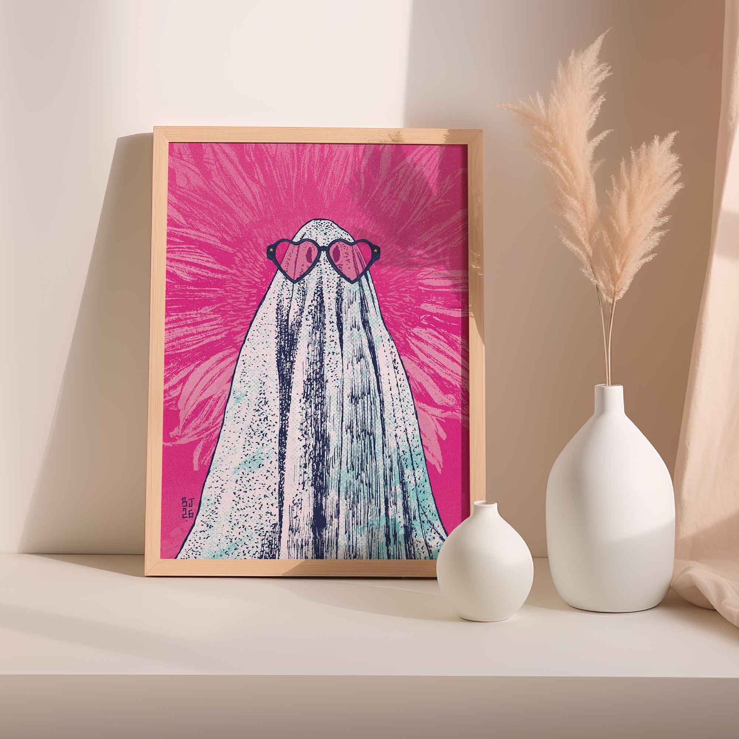 Ghost wearing heart sunglasses pink background art print