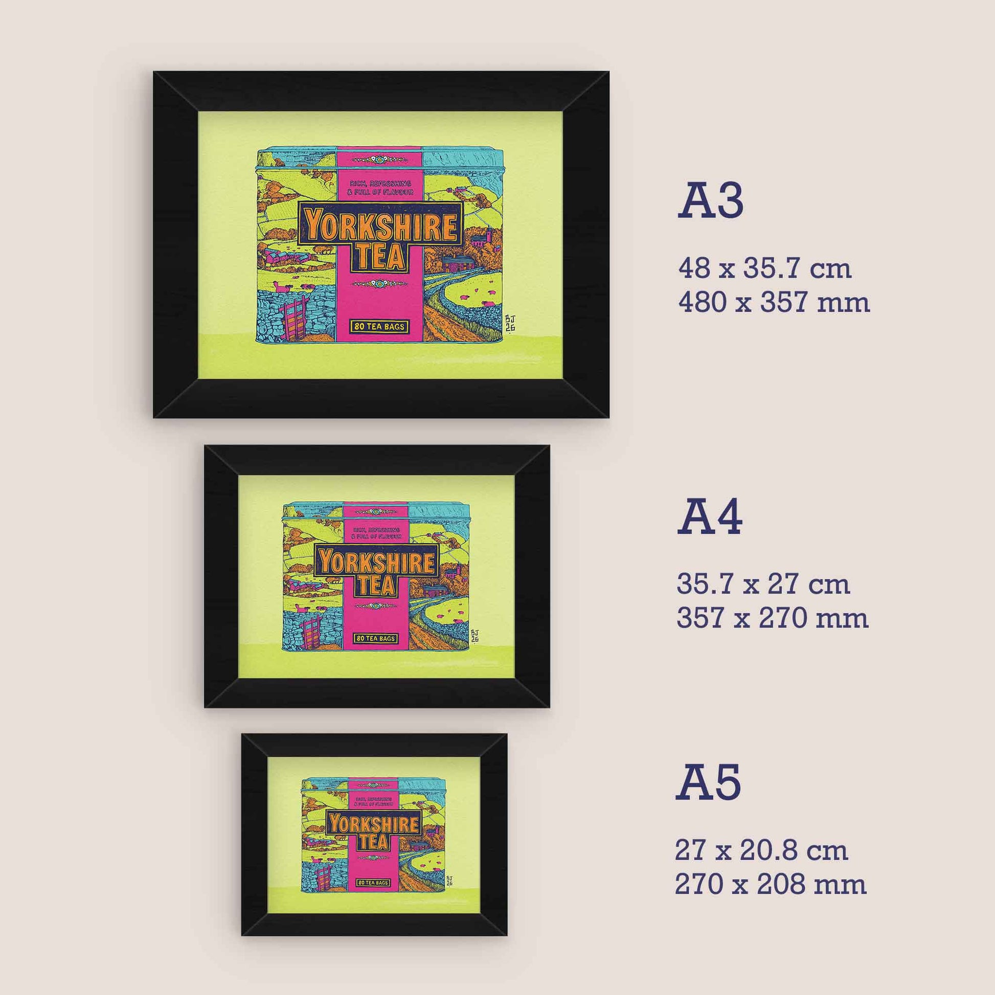 Three framed art prints of a vintage Yorkshire Tea label are shown in different sizes (A3, A4, A5) on a light beige background with size measurements listed next to each frame.