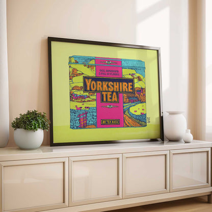 Green edition Yorkshire Tea tin illustration with Yorkshire landscape.