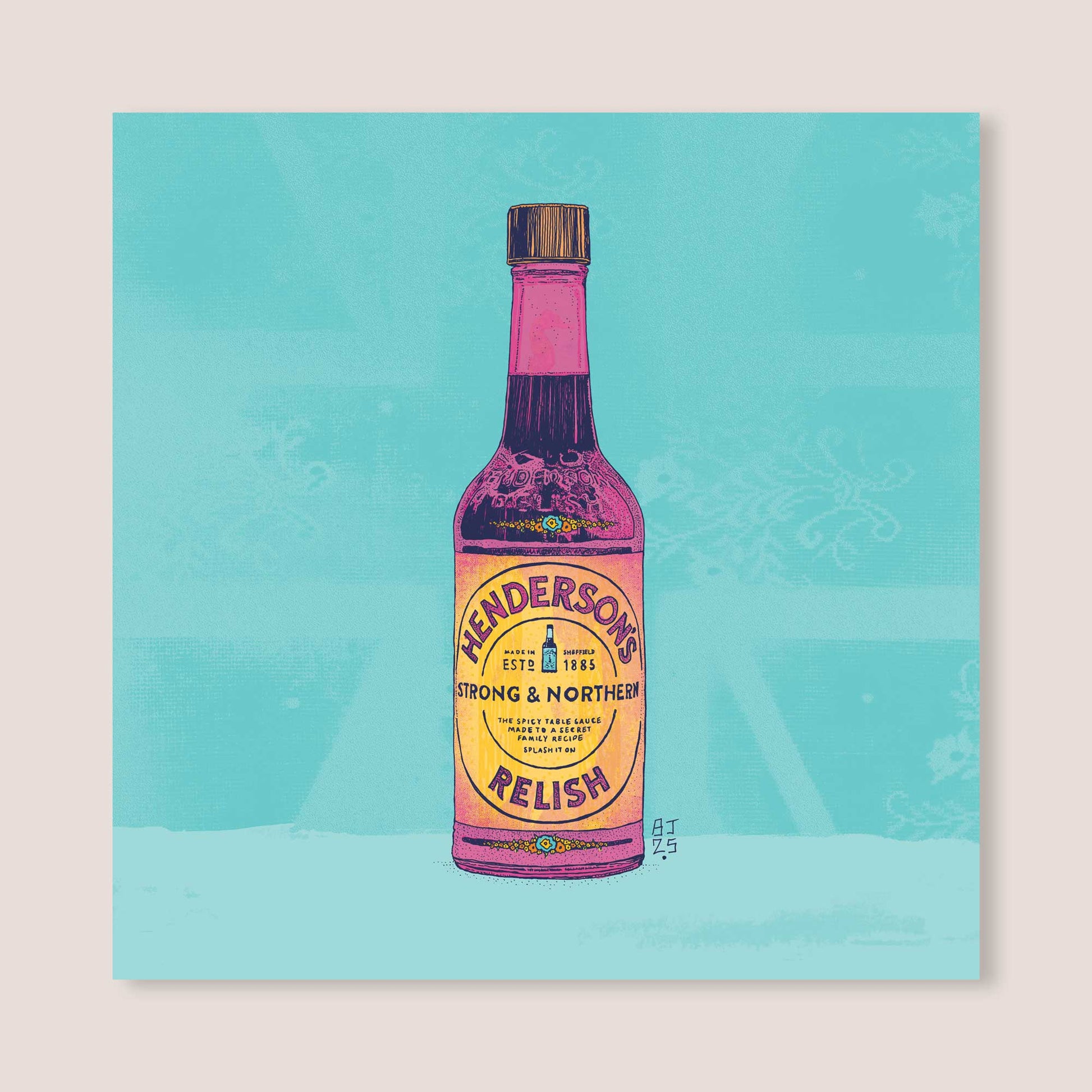 Illustration of a bottle of Henderson's Relish on a blue background