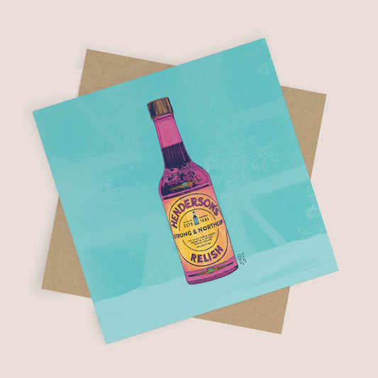 Greeting card with a colourful illustration of a henderson relish bottle on a light blue background