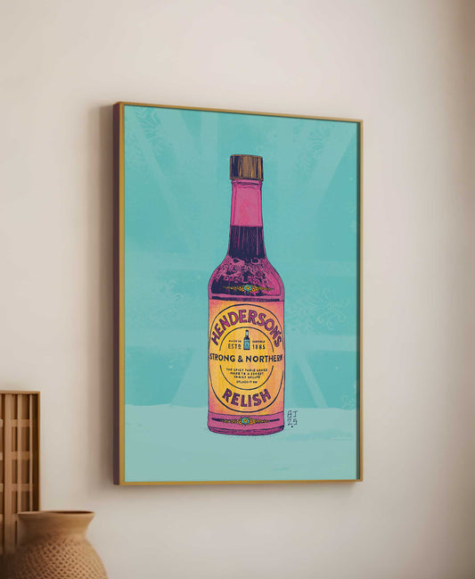 Pop art relish bottle print in pink and yellow with blue background