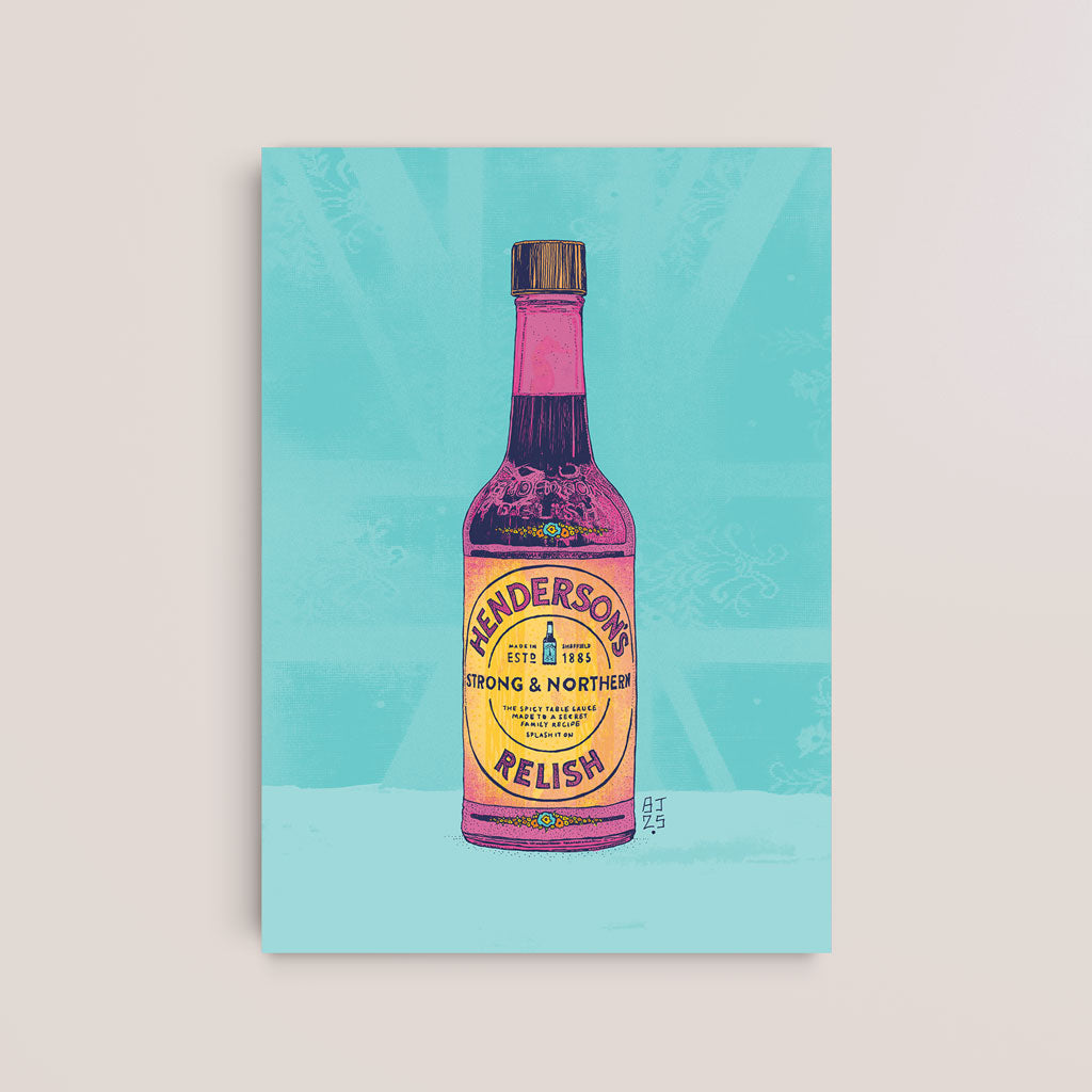 Henderson's Relish bottle on a light blue background