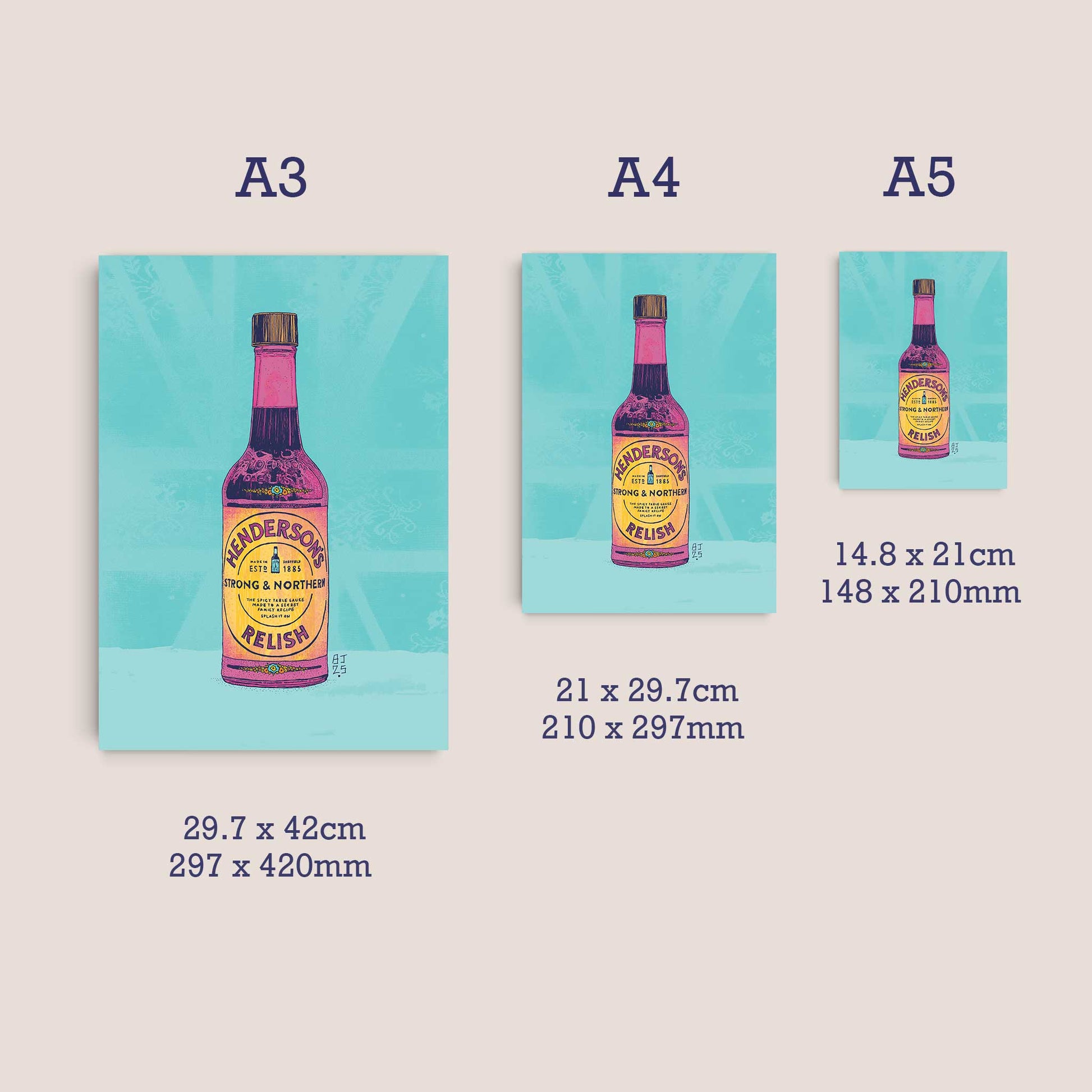 Artworks with dimensions displayed for A5, A4 and A3 prints sizes