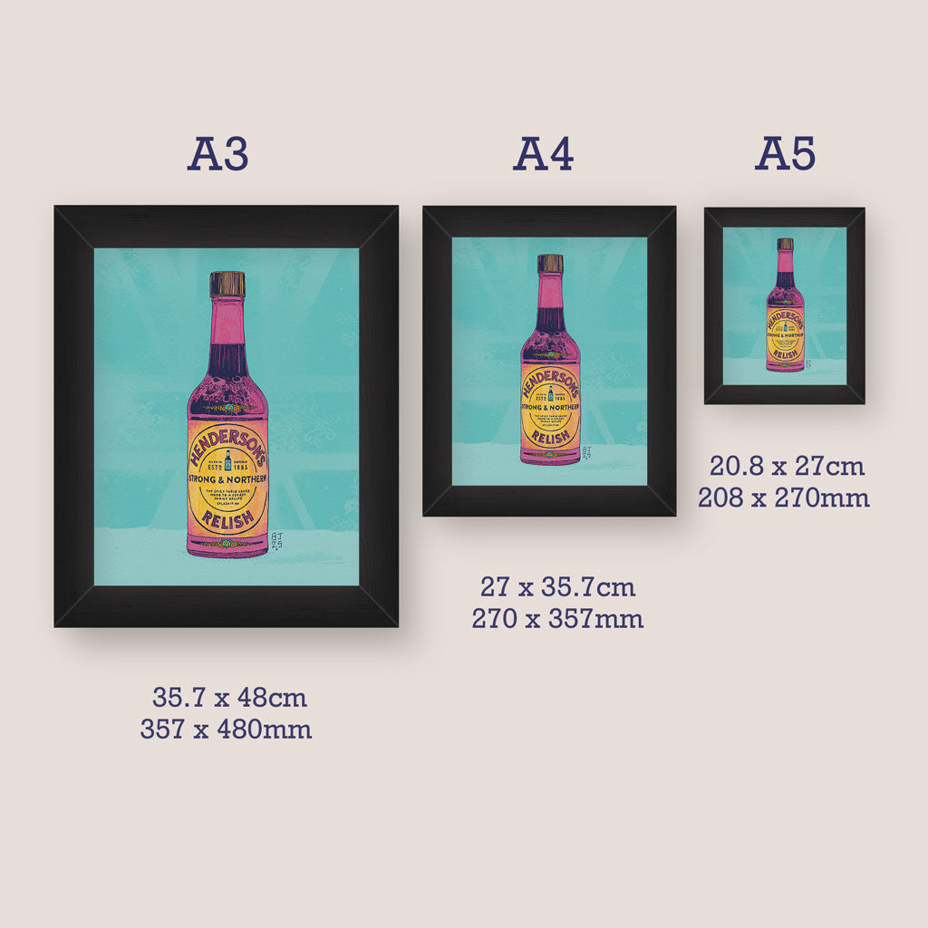 Frame artworks with dimensions displayed for A5, A4 and A3 prints sizes
