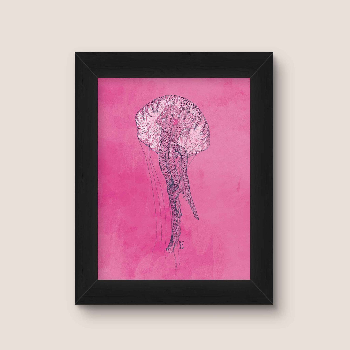 Pink jellyfish illustration on a vibrant pink textured background with a black frame.