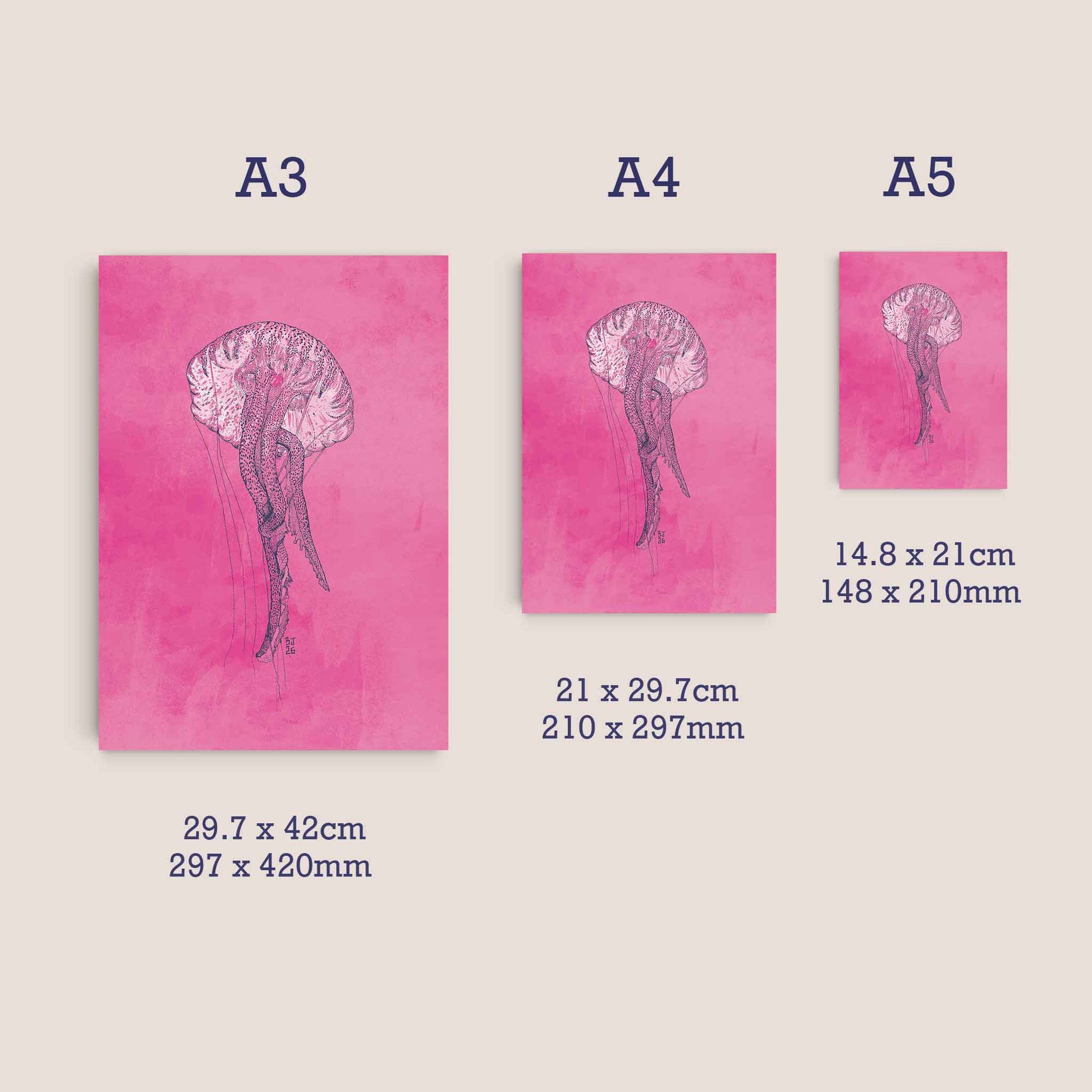 Three poster sizes labeled A3, A4, and A5 with printed jellyfish artwork on pink backgrounds and size measurements in centimeters and inches, shown on a light beige background.