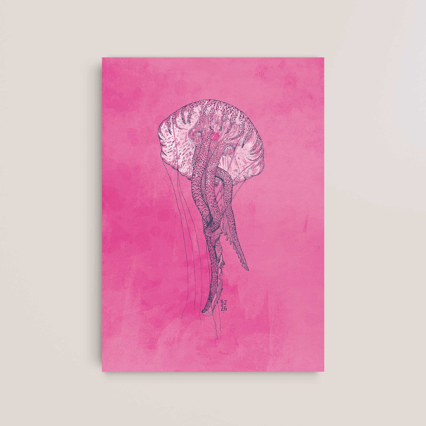 A vertical art print featuring a detailed black ink sketch of a jellyfish on a textured hot pink background, displayed against a neutral beige wall.