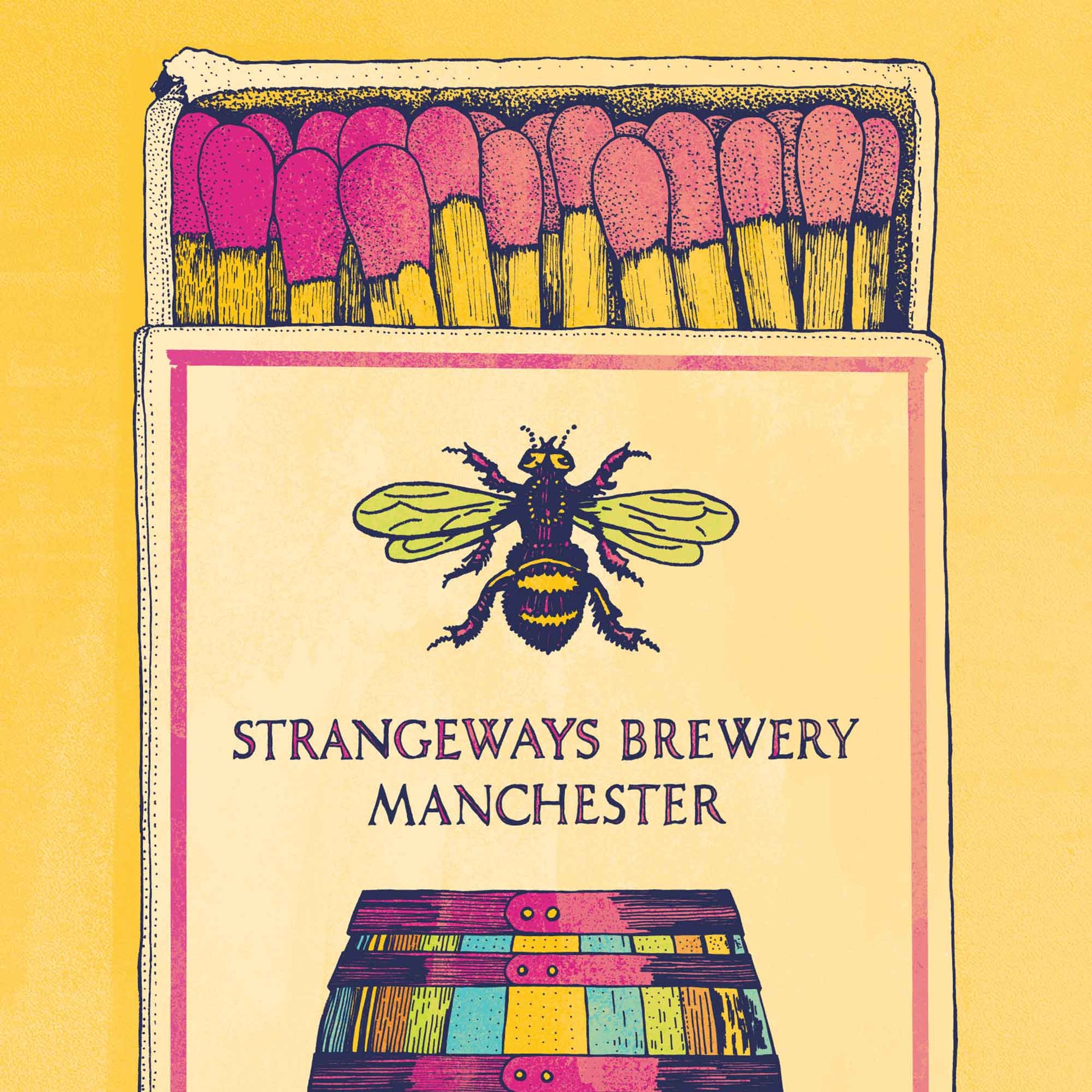A stylized illustrated matchbox cover with pink match heads, a bee graphic, and the text 'STRANGEWAYS BREWERY MANCHESTER' on a yellow background.