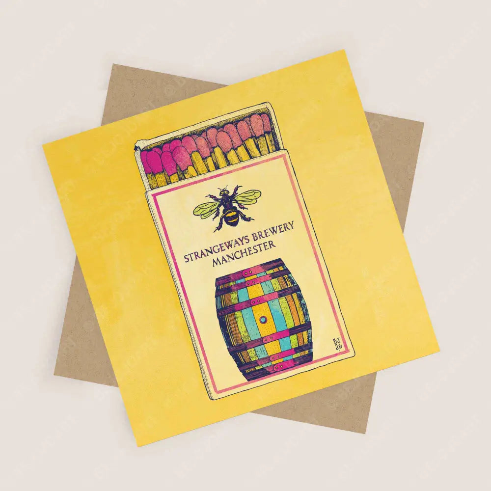 Vintage brewery matchbox greeting card featuring a Manchester bee and colourful beer barrel illustration on a yellow background by Bejojoart.