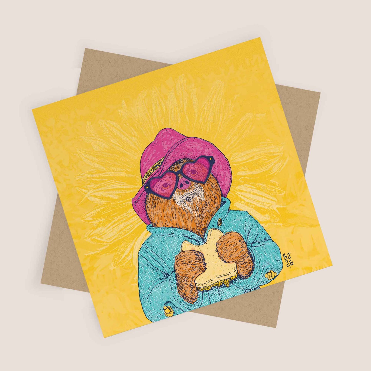 Illustrated bear holding a sandwich on a yellow background