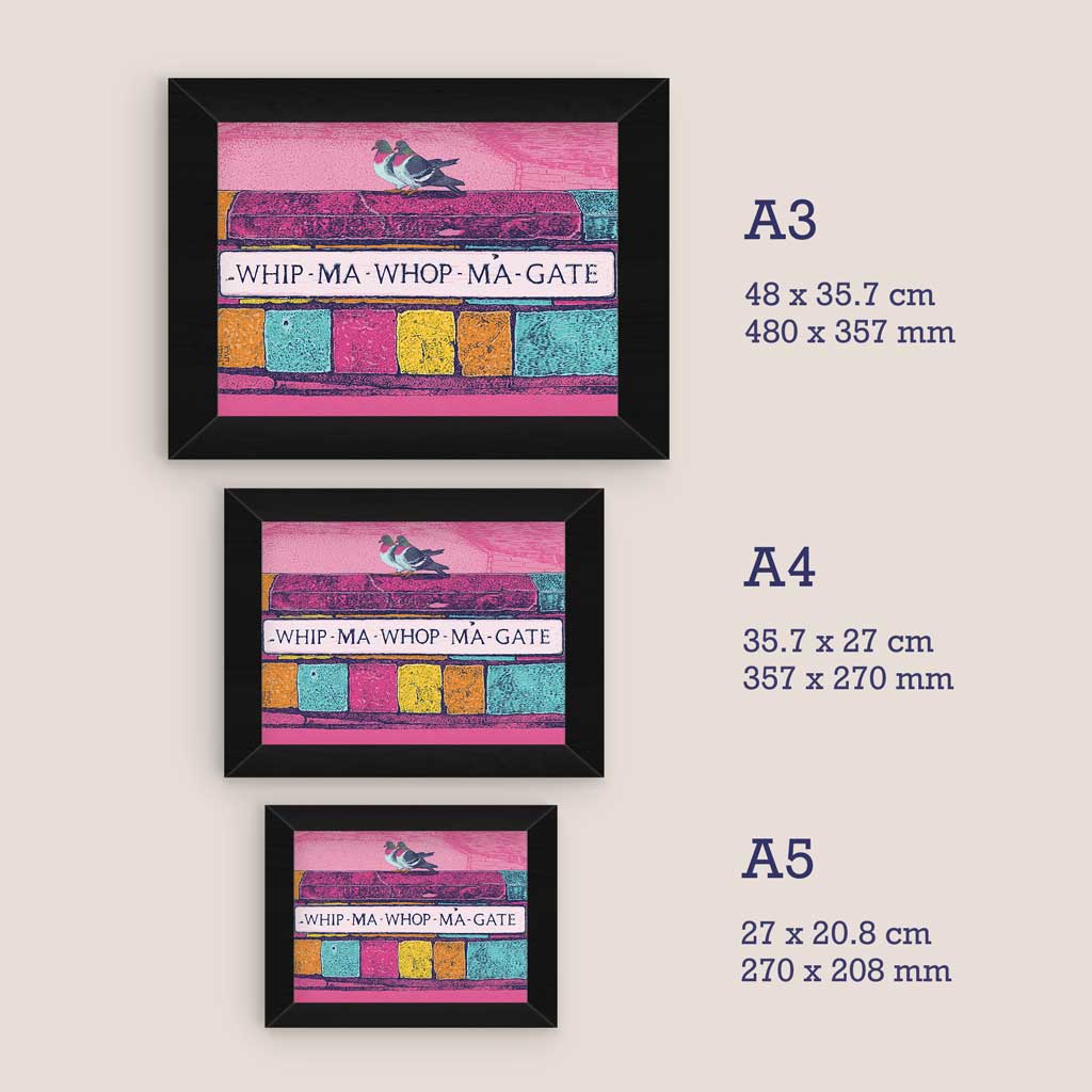 Framed artworks with dimensions displayed for A5, A4 and A3 prints sizes