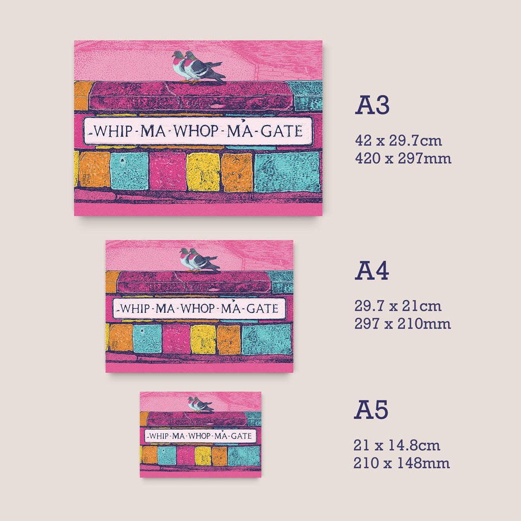 artworks with dimensions displayed for A5, A4 and A3 prints sizes