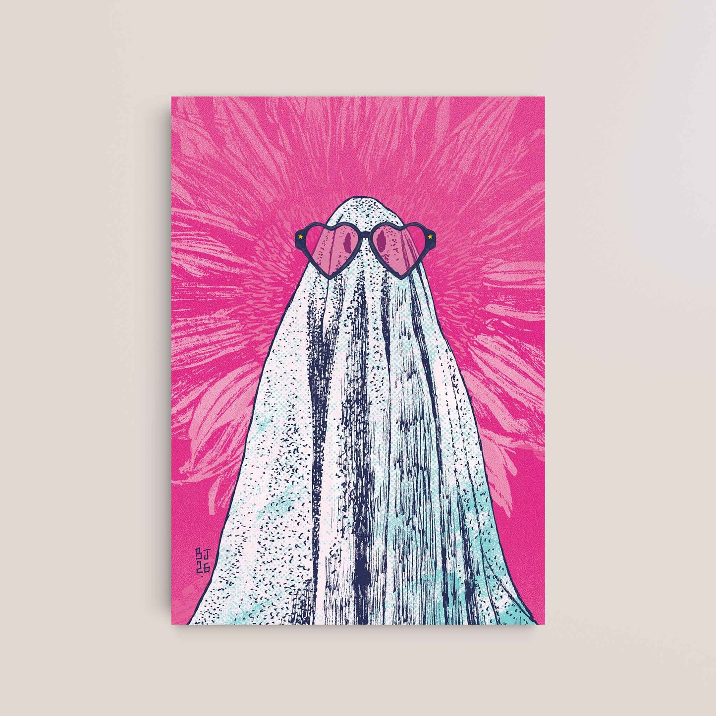 Ghost wearing heart-shaped sunglasses on a pink background 