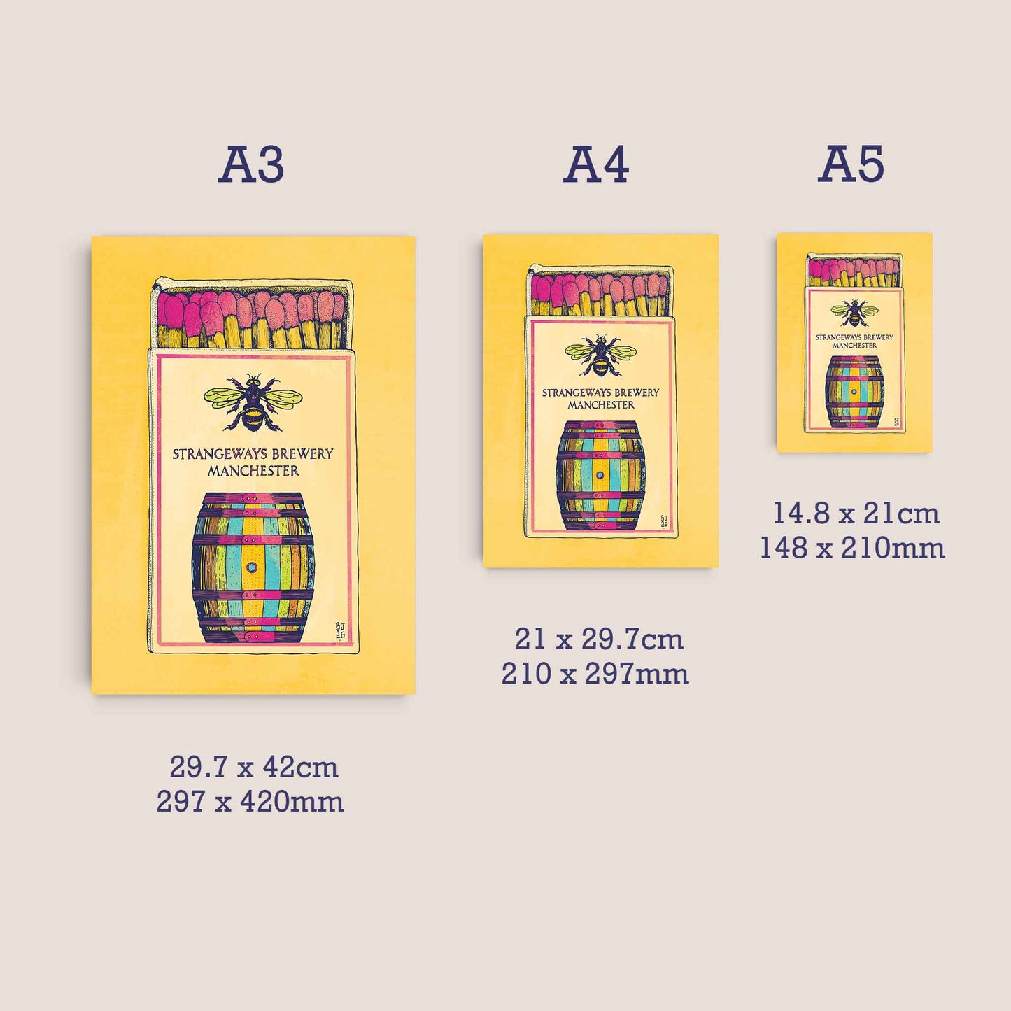 A size comparison chart showing three printed matchbox-style cards labeled A3, A4, and A5 with dimensions and measurements in centimeters and inches on a light beige background.