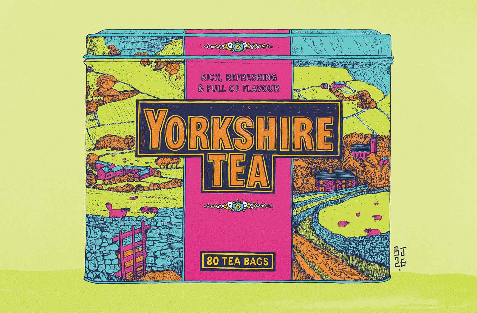 A colorful illustrated Yorkshire Tea tin box with a pink center panel, yellow-orange lettering, and a whimsical countryside landscape design, shown against a pale yellow-green background.