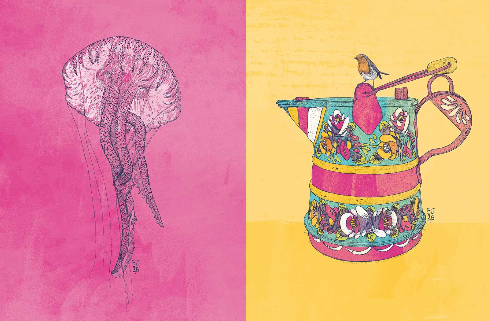 A split art print featuring a detailed black ink sketch of a jellyfish on a textured pink background on the left, and a colorful vintage-style wateing can with a small bird on top against a yellow background on the right.